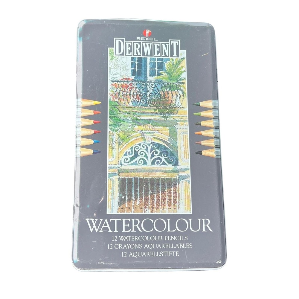 Vtg Rexel Derwent Watercolour Pencils 13 Set Tin Made in England Art Pro drawing